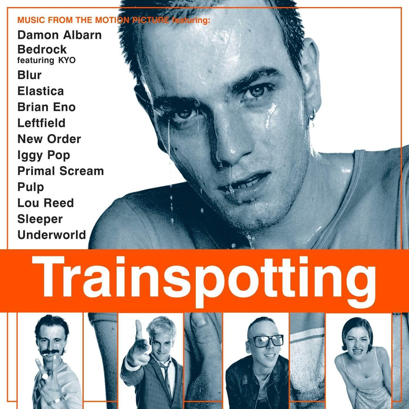 Trainspotting filmplakát Ewan McGregorral és zenekarokat felsoroló szöveggel, arckollázs.