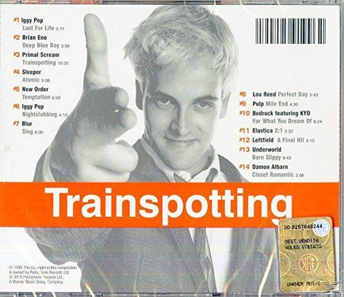 Trainspotting album hátlapja, mutató férfi, számlista és logó.
