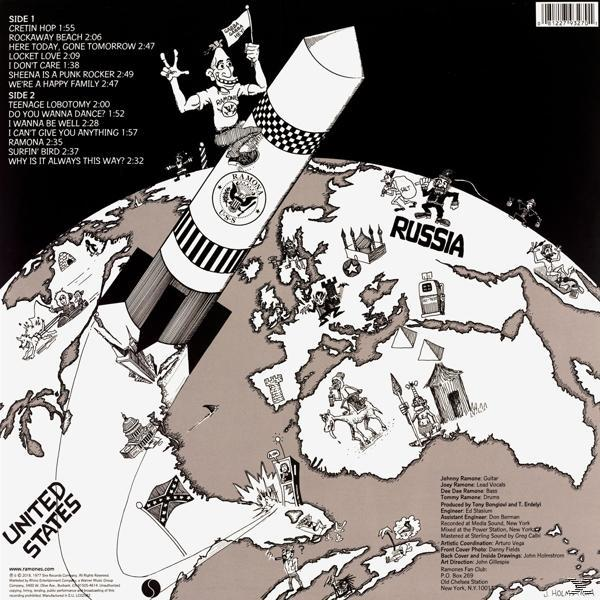 Albumcover mit einer Rakete, die von einer Weltkarte startet. Text und Illustrationen auf dem Cover.