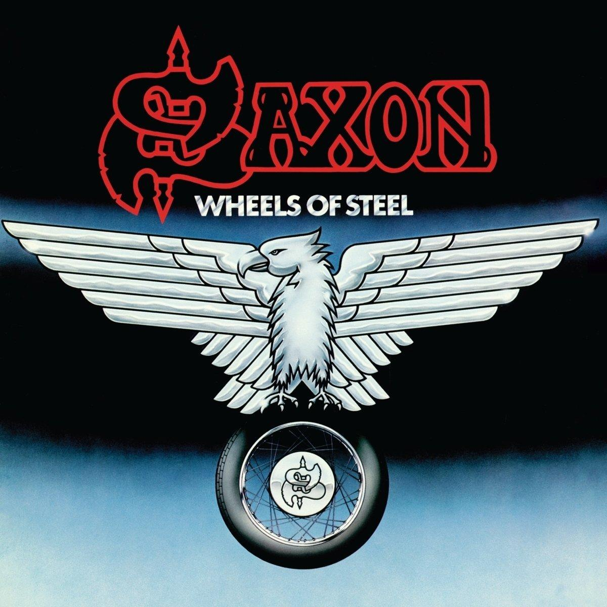 Album borító: Piros Saxon logó. Fehér sas szétterjesztett szárnyakkal. "Wheels of Steel" cím alatta. Motor kerék alul.