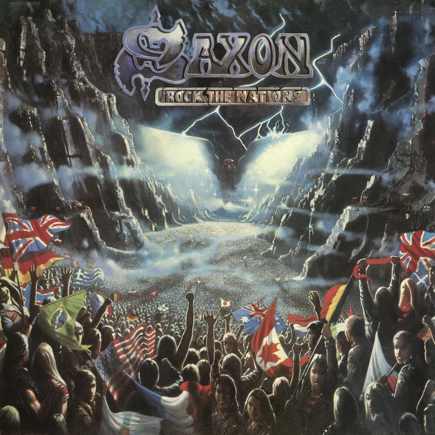 Album borító: tömeg zászlókkal, Saxon, Rock the Nations.