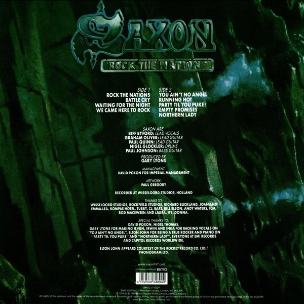 A Saxon 'Rock the Nations' albumának hátlapja. Számlistát, stáblistát és a zenekar tagjait tartalmazza.