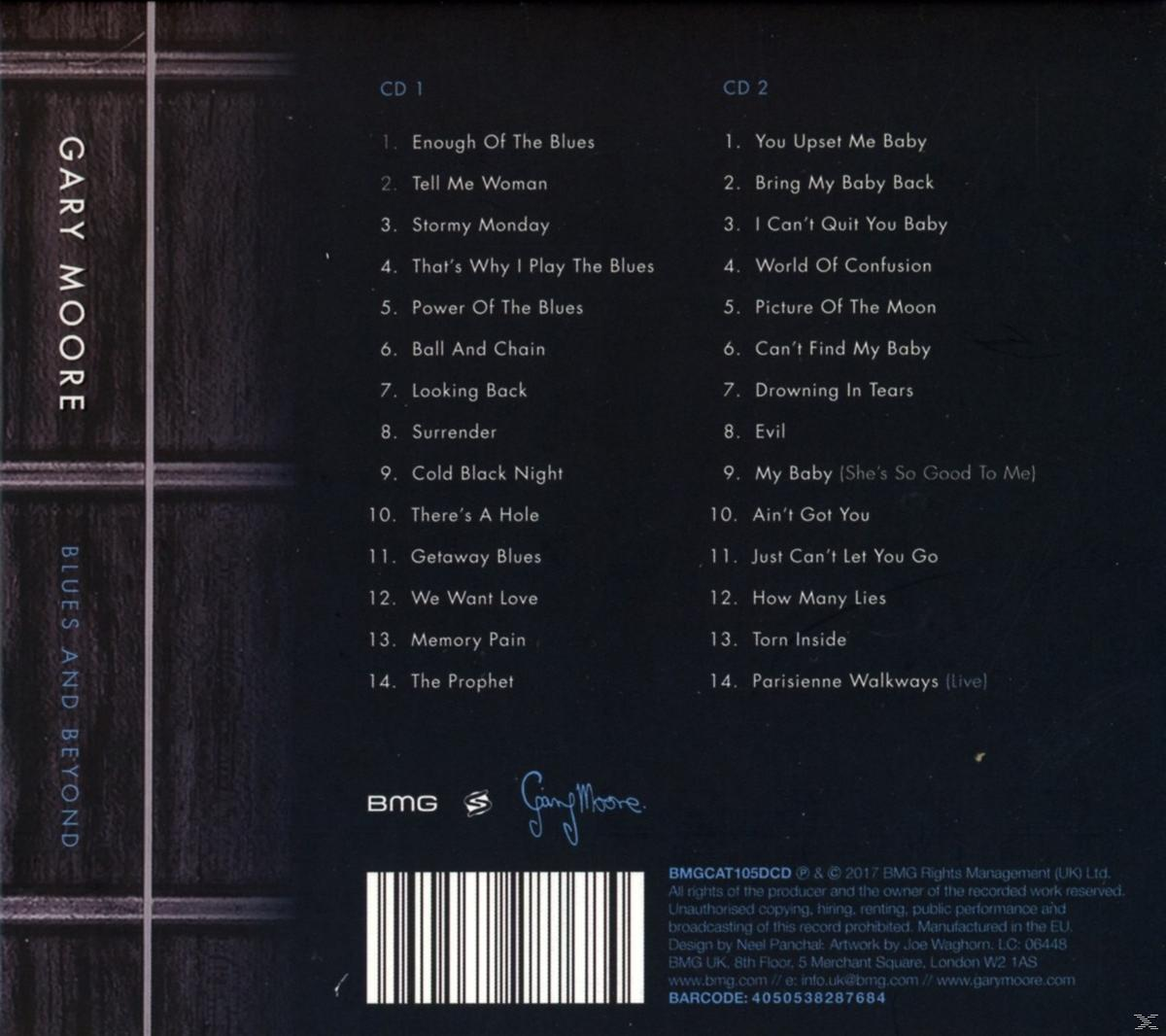 Rückseite der Gary Moore 'Blues and Beyond' CD. Titelliste, Albuminfo und Barcode sind sichtbar.