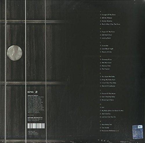 Dunkle Albumrückseite mit Songtiteln. Der Text listet Songs wie 'Enough of the Blues' auf.