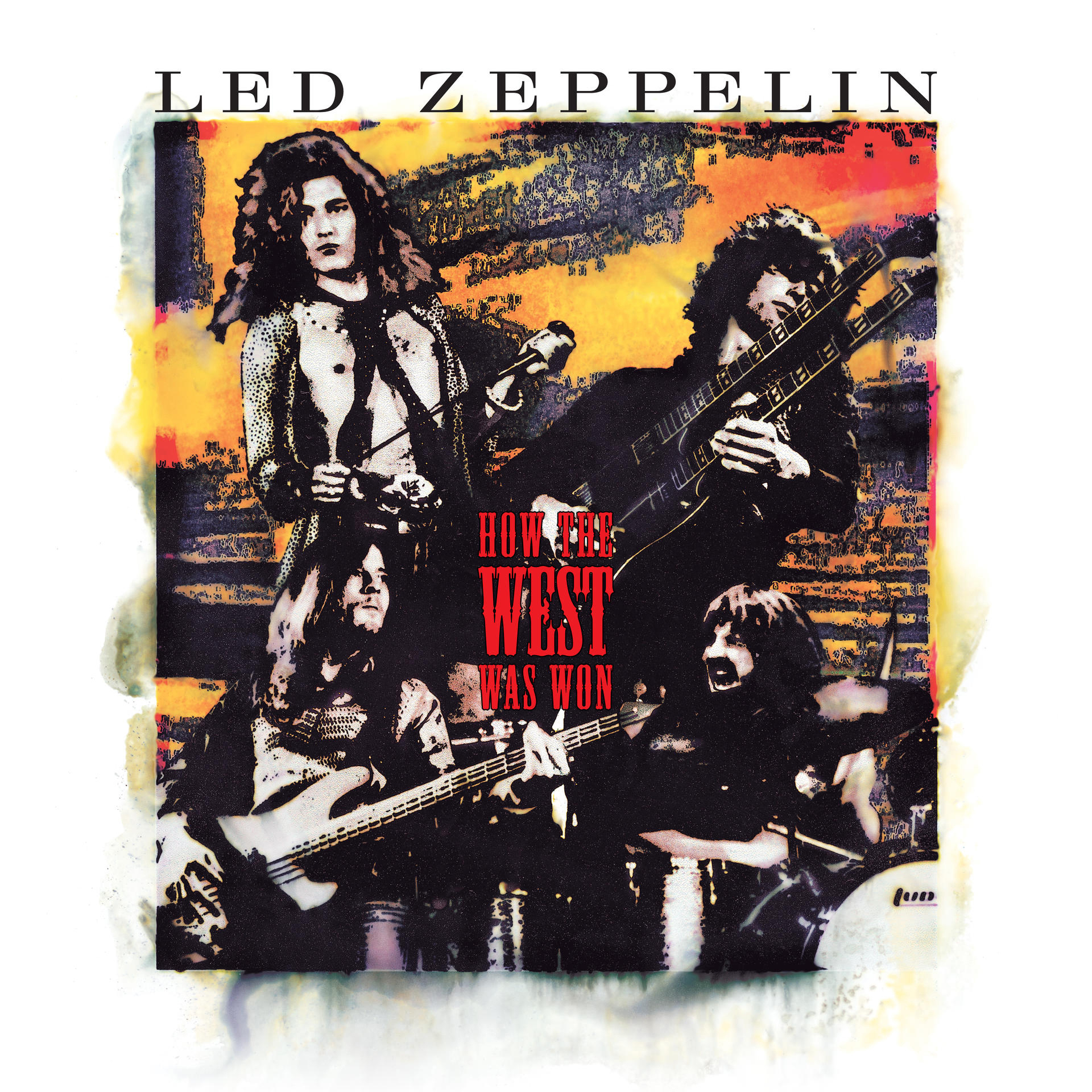 Albumcover: Vier Bandmitglieder in einer Mischung aus Farben. Titel: How the West Was Won. Künstler: Led Zeppelin.