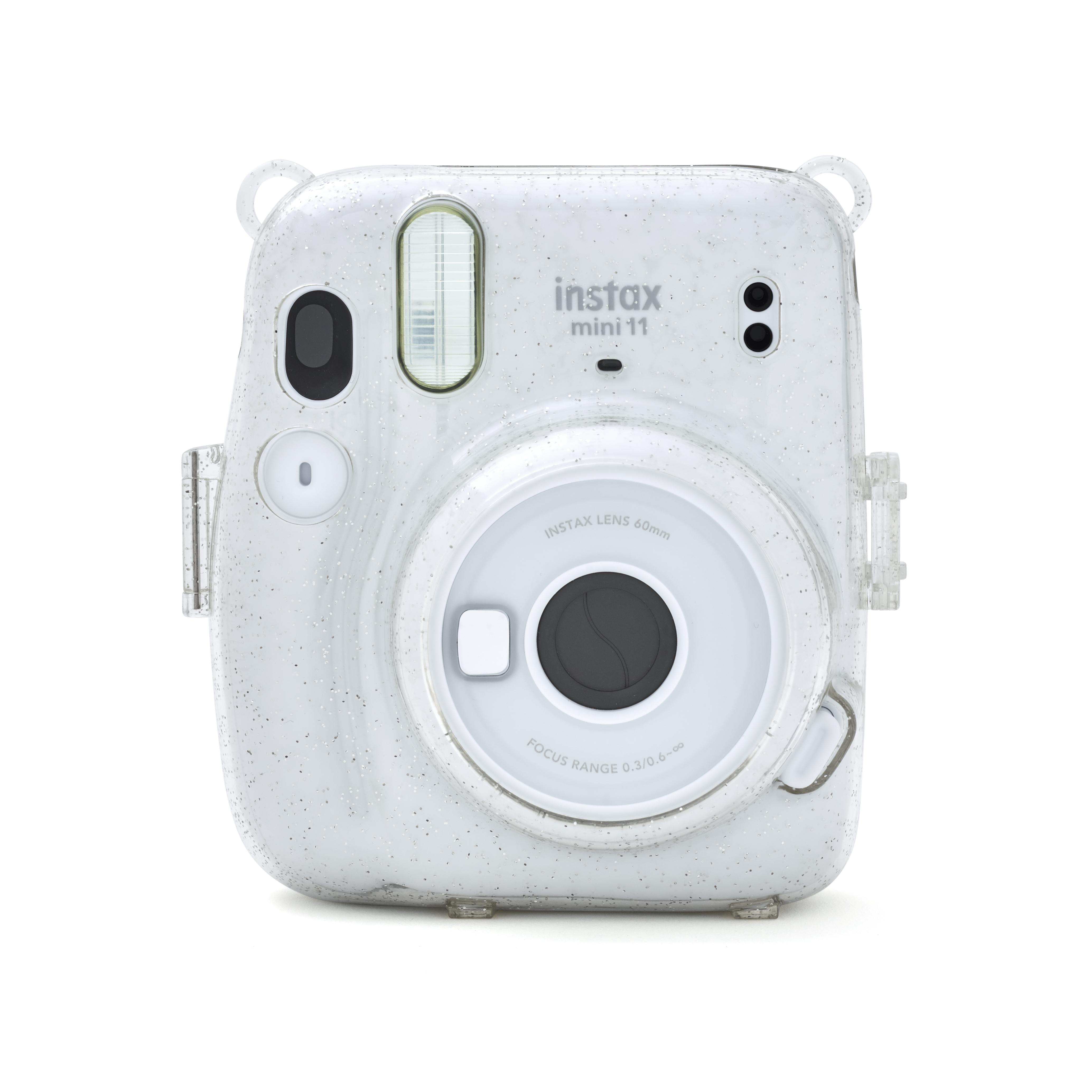 Weiße Instax Mini 11 Kamera mit transparentem Gehäuse und weißem Hintergrund.