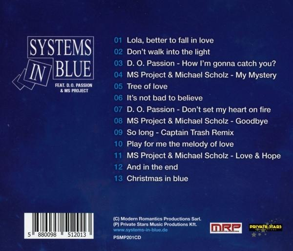 Album borító a Systems in Blue számlistájával. Kék és fehér dizájnnal.