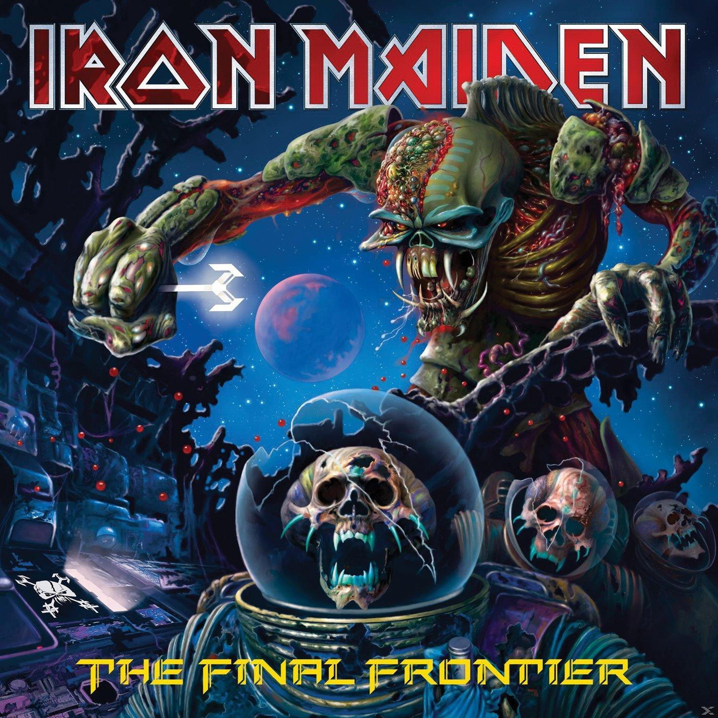 Album borító: Egy szörnyetegszerű űrhajós az űrben. Zenekar: Iron Maiden. Album: The Final Frontier.