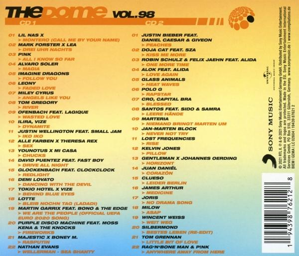CD-Rückseite mit Titelliste. Verschiedene Künstler. Text in Gelb- und Blautönen. Sony Music Label.