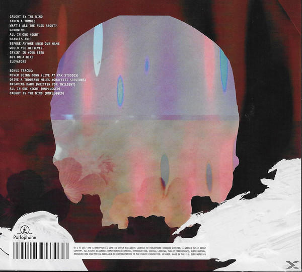 Albumhoes met een vervormde gezichtsvorm. Het heeft songtitels en een platenlabel logo, met een mix van kleuren en texturen.
