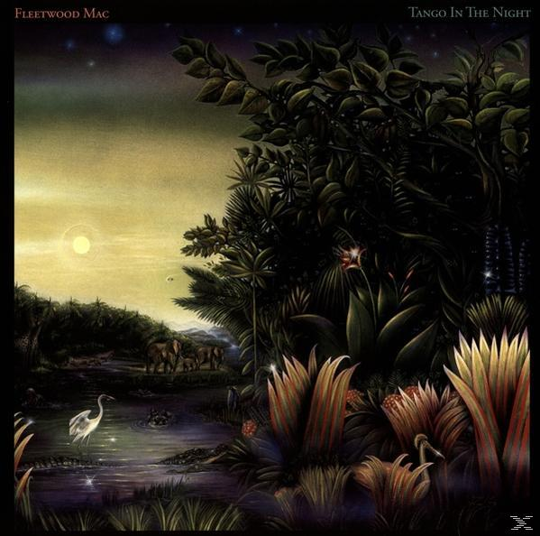 Album borítója. Trópusi jelenet holddal, vízzel, növényekkel és állatokkal. Cím: Tango In The Night, a zenekar neve Fleetwood Mac.