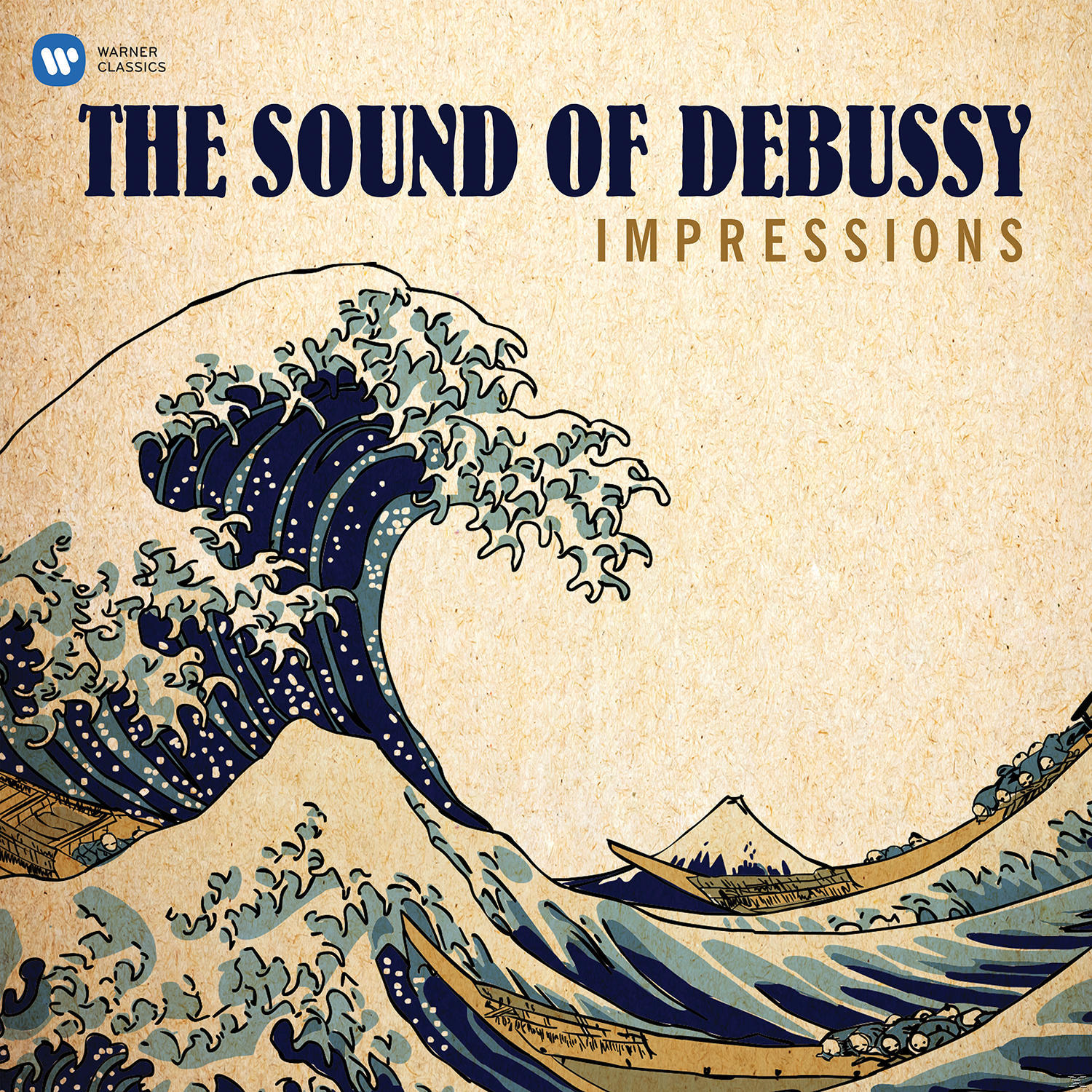 Albumcover mit einer großen Welle und Booten, dem Titel 'The Sound of Debussy' und Text 'Impressions'.