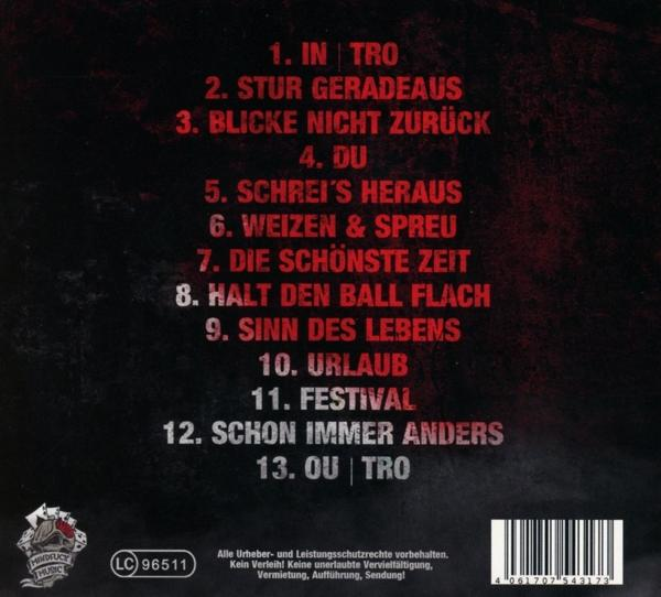 CD-Cover mit Titelliste: 13 Songs in roter und weißer Schrift auf dunklem roten Hintergrund.