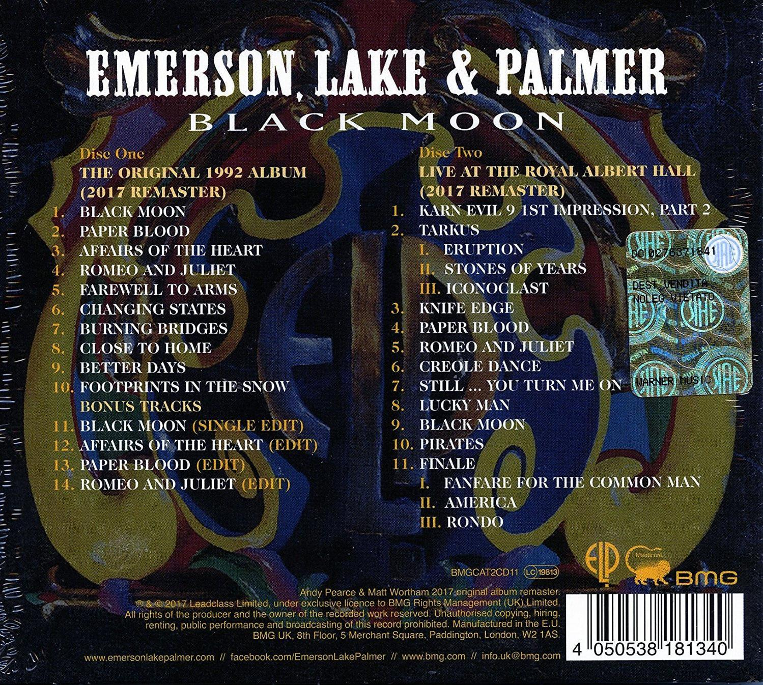 DVD-Rückseite: Black Moon von Emerson, Lake & Palmer. Titellisten, Albumcover.
