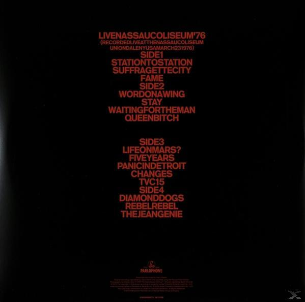 Trackliste des Bowie-Albums Live Nassau Coliseum '76, roter Text auf schwarzem Hintergrund.