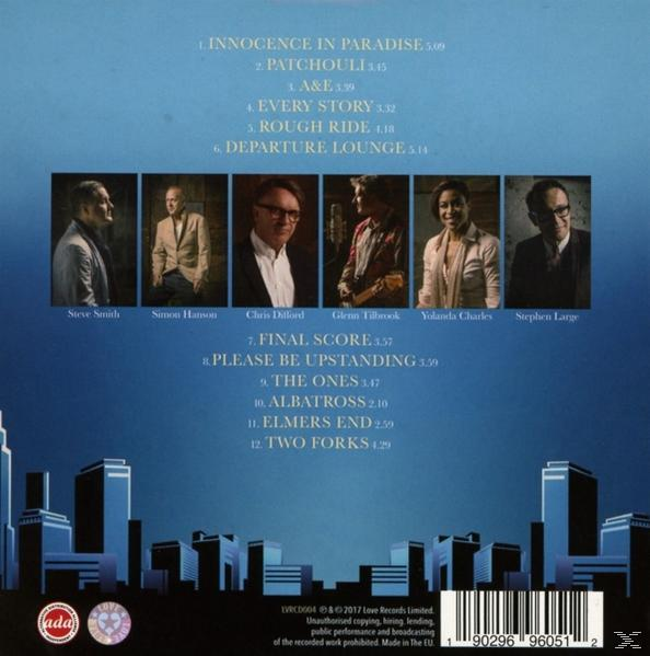 Albumcover mit Fotos von Bandmitgliedern, Titeln und Skyline.