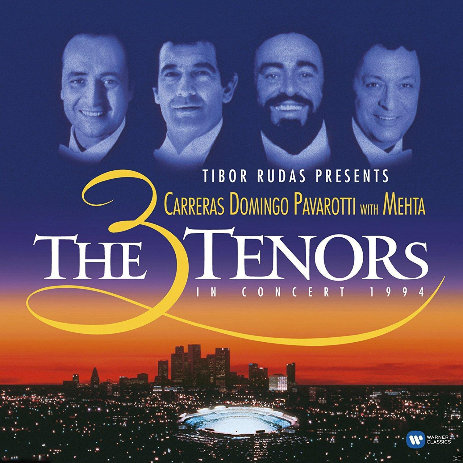 Albumcover mit den Gesichtern von vier Männern und einer Skyline. Text: 'The 3 Tenors in Concert 1994'.