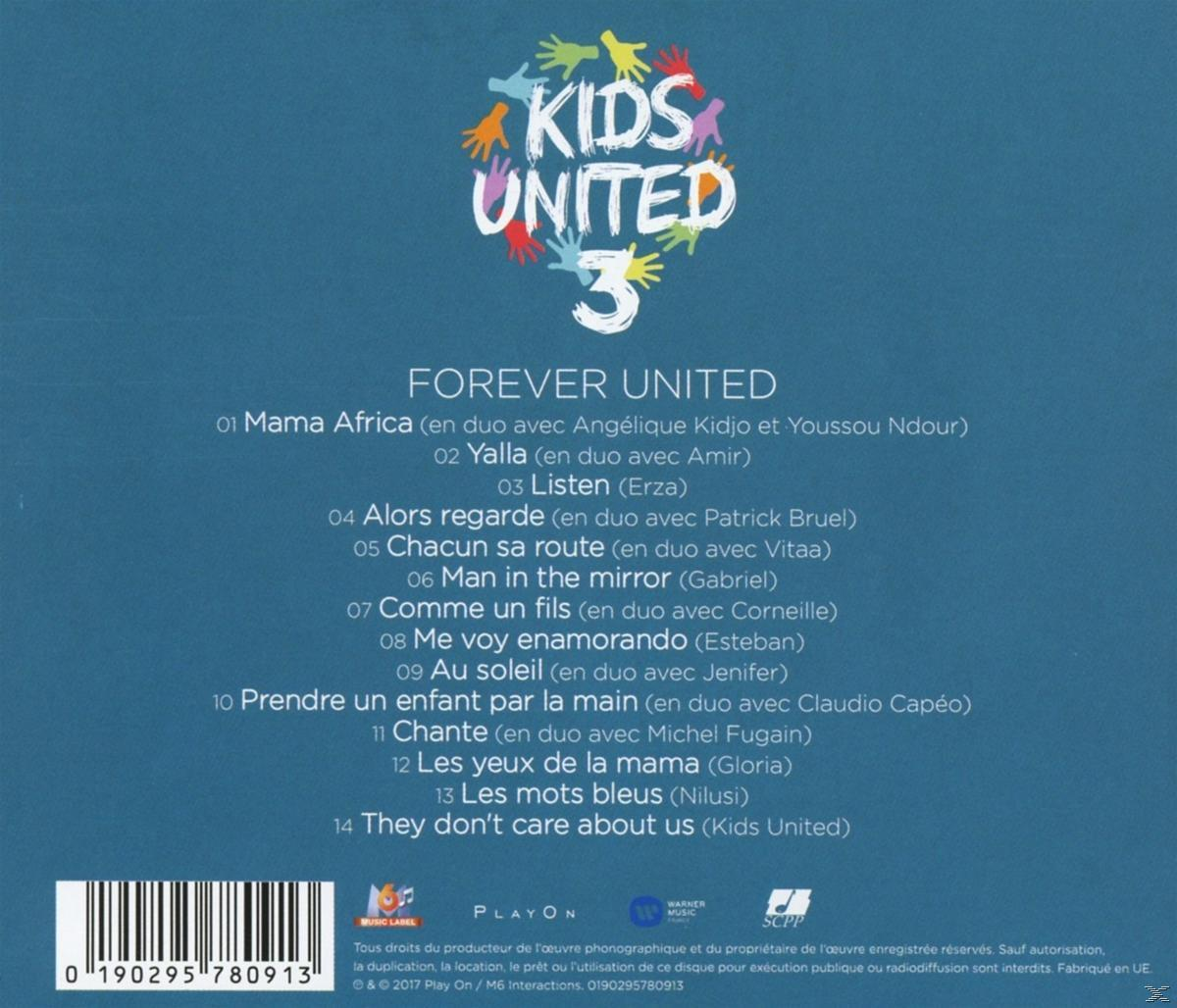 Albumrückseite mit Titelliste und Bandnamen. Enthält eine farbenfrohe Handillustration und das Kids United-Logo.