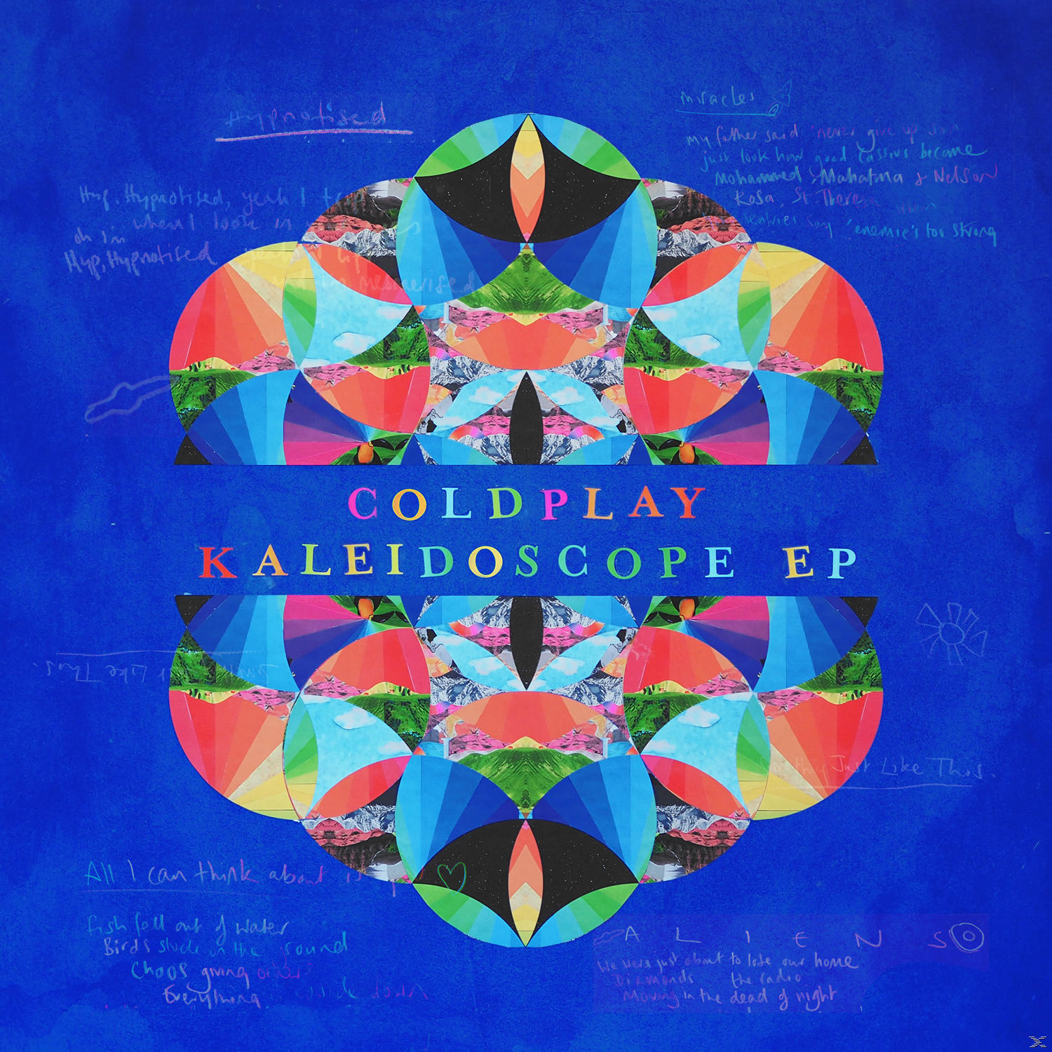 Farbenfrohes, symmetrisches Design; Text 'COLDPLAY KALEIDOSCOPE EP' zentriert auf blauem Hintergrund.
