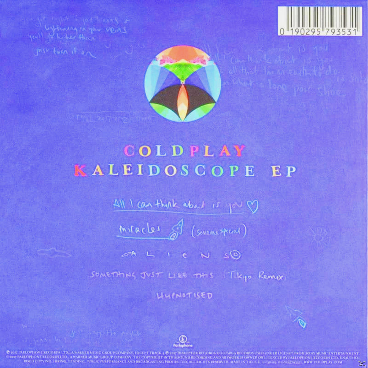 Lila Cover des Coldplay-Albums 'Kaleidoscope EP' mit Titelliste und Regenbogen-Artwork.