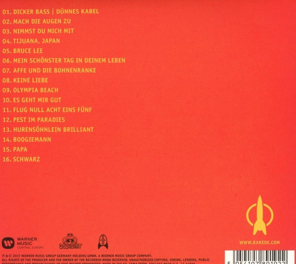 Rückseite einer CD mit einer Titelliste. Der Hintergrund ist orange mit einem Raketenlogo.