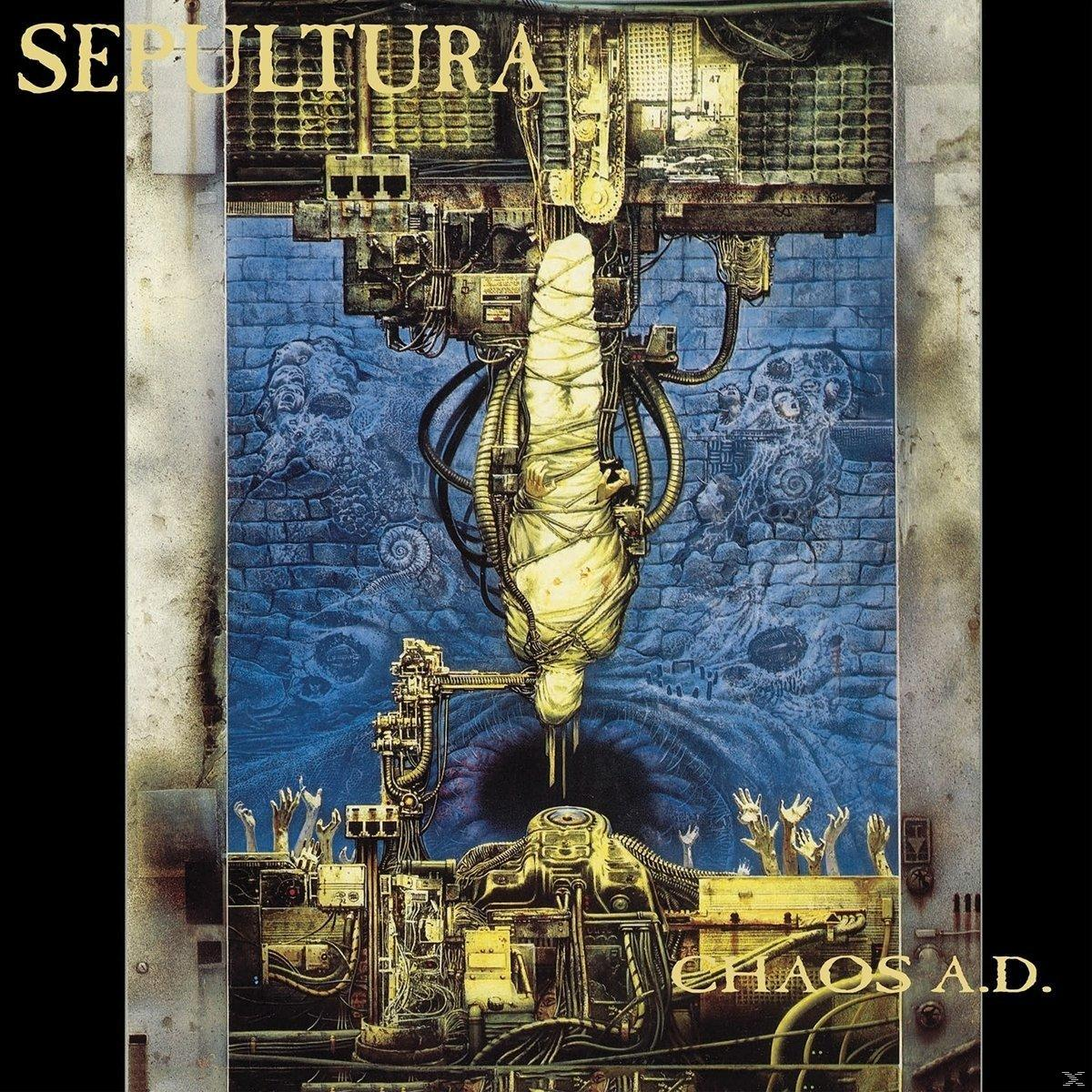 Album borító, egy elvont, sötét képpel egy figuráról és gépekről. A zenekar neve: Sepultura.