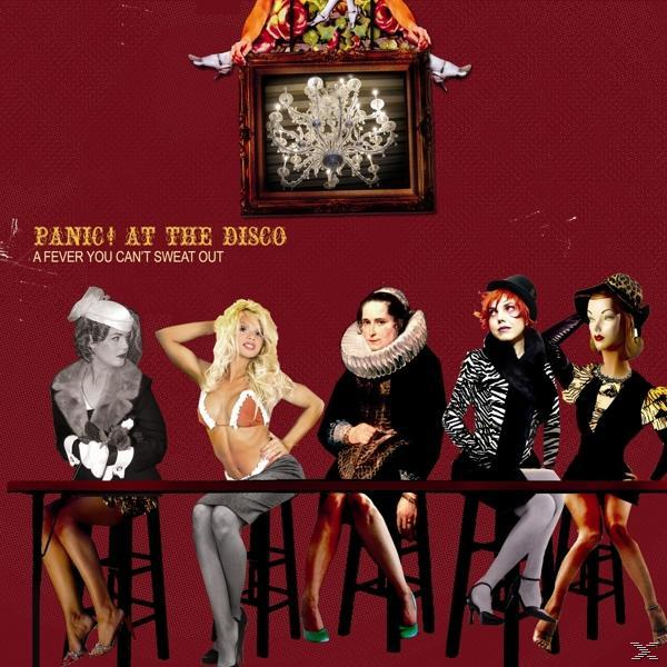 Album borító: Nők zsámolyokon, csillár, szöveg: 'Panic! at the Disco'. Piros háttér, vintage esztétika.