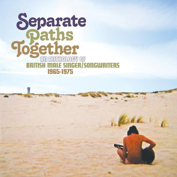 Albumcover mit Text 'Separate Paths Together'. Ein Mann sitzt am Strand mit Gitarre, Himmel im Hintergrund.