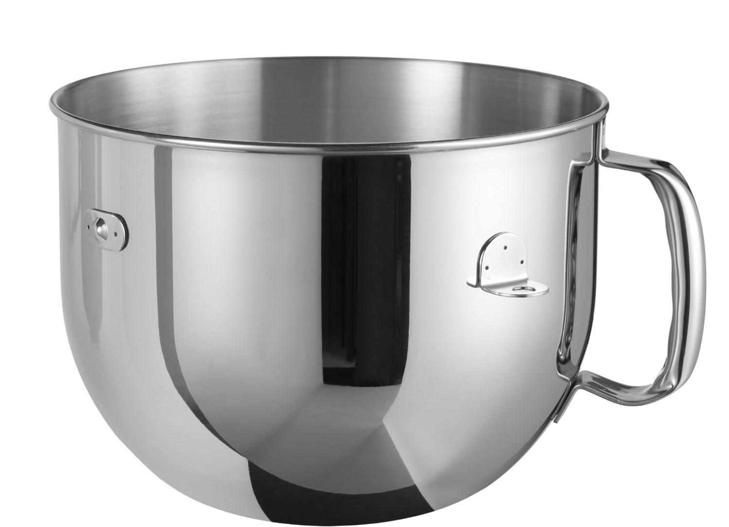 Glänzende Edelstahl-Rührschüssel mit Griff und zwei Befestigungspunkten für einen Küchenmixer.