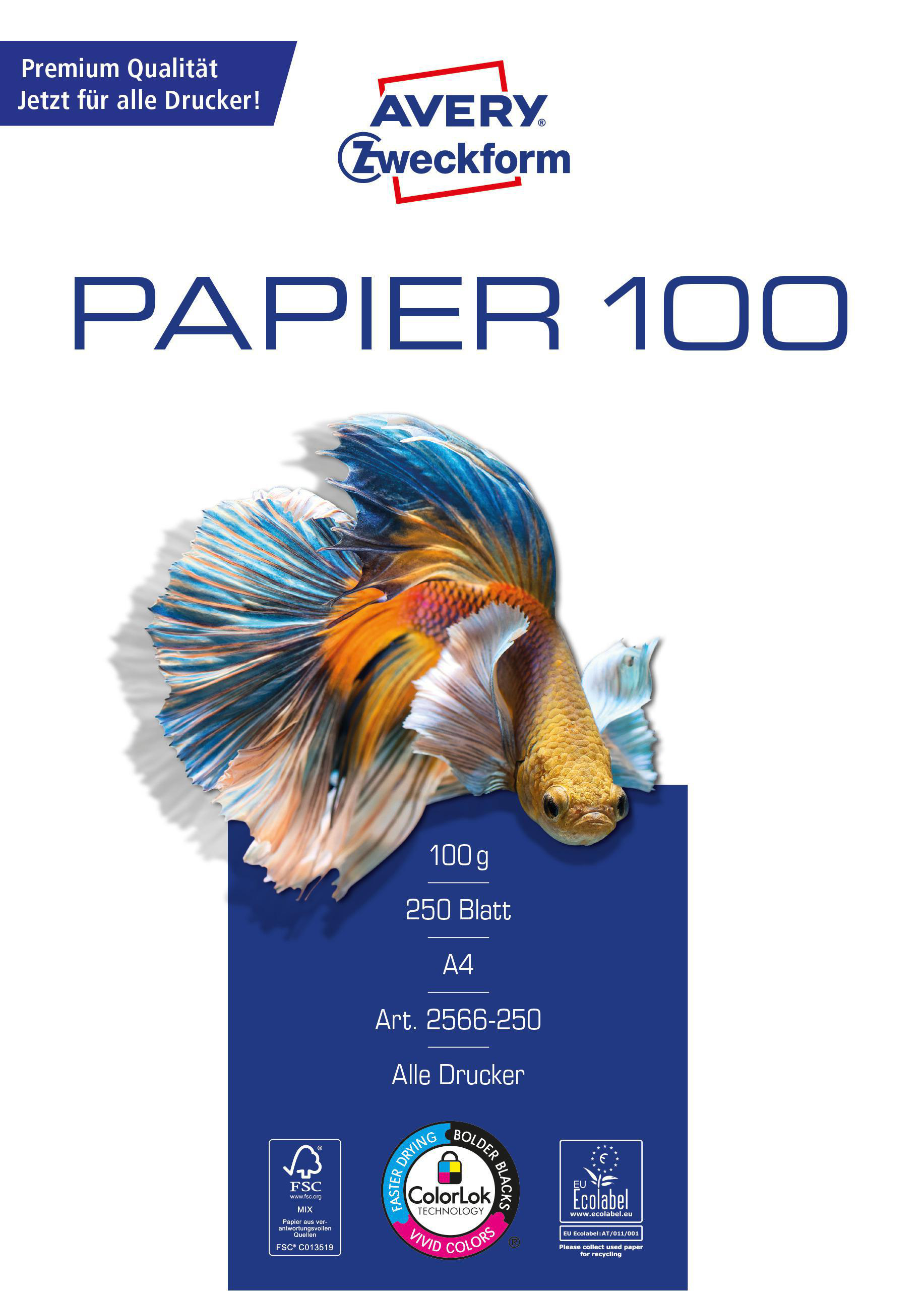 AVERY ZWECKFORM 2566-250, hochweiß, 100 g/m², Drucker- und Kopierpapier 210 x 297 mm 210 x 297 mm A4 250 Blatt