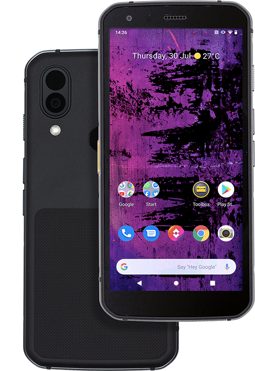 Schwarzes Smartphone mit zwei Kameras auf schwarzer Oberfläche. Bildschirm zeigt App-Symbole, Datum und Uhrzeit.