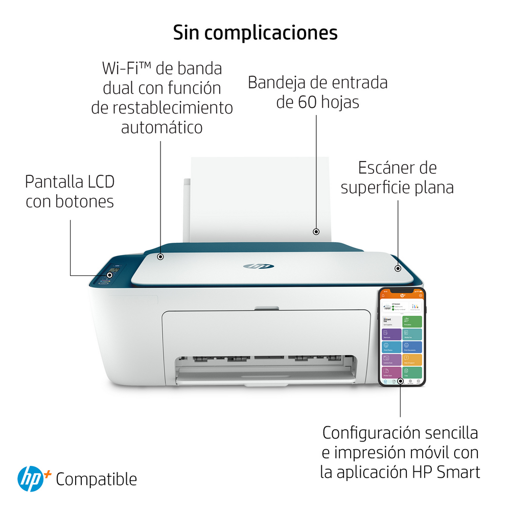 Se muestra una impresora blanca y verde azulado con un escáner de superficie plana y un teléfono móvil mostrando su aplicación.