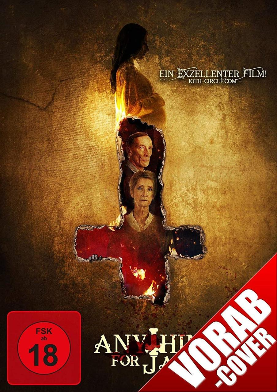 Filmplakat mit brennendem Kreuz mit Figuren darin und einer schwangeren Frau oben.