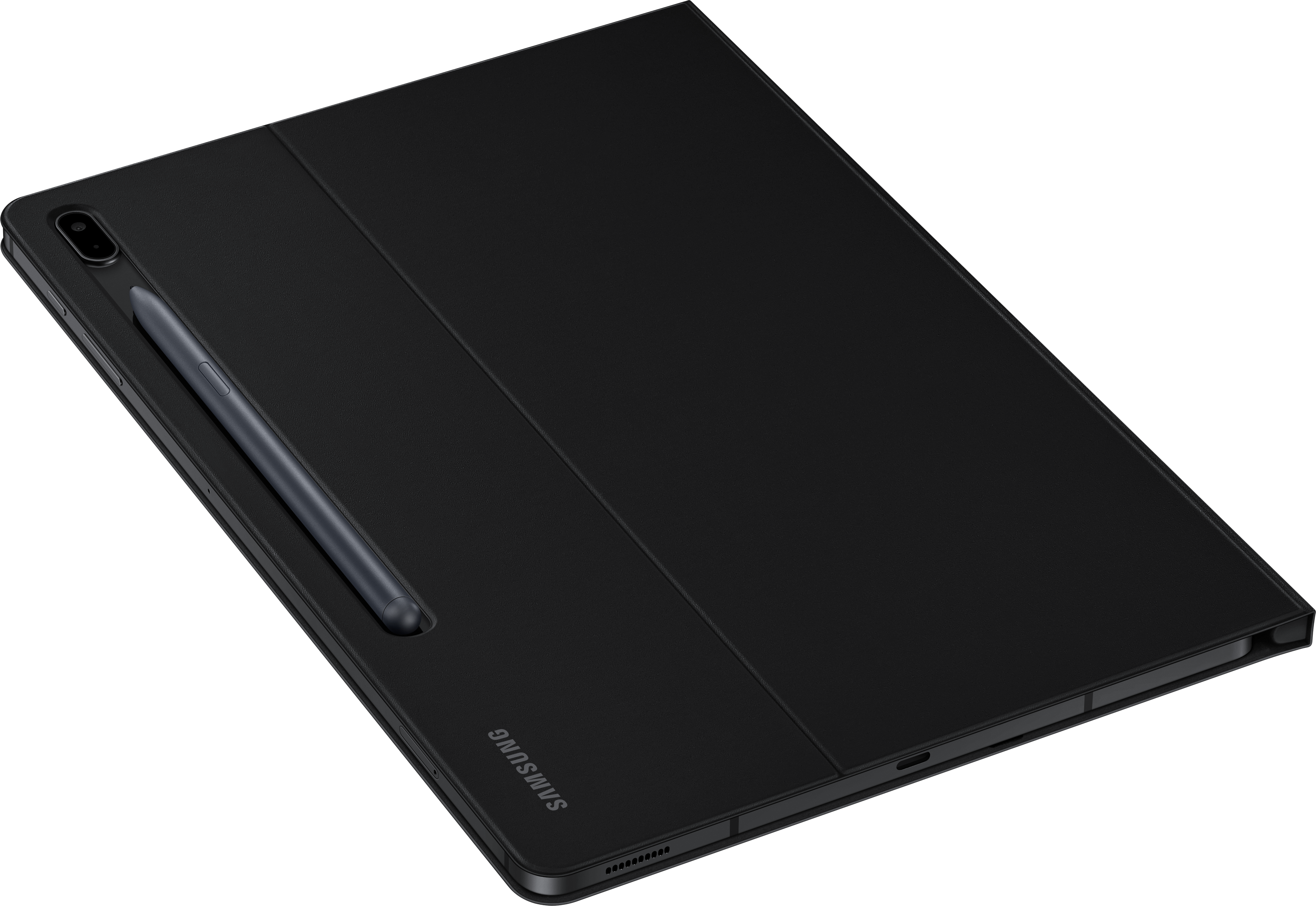 Tablette noire avec une housse et un stylet noirs. La housse est repliée vers l'arrière.