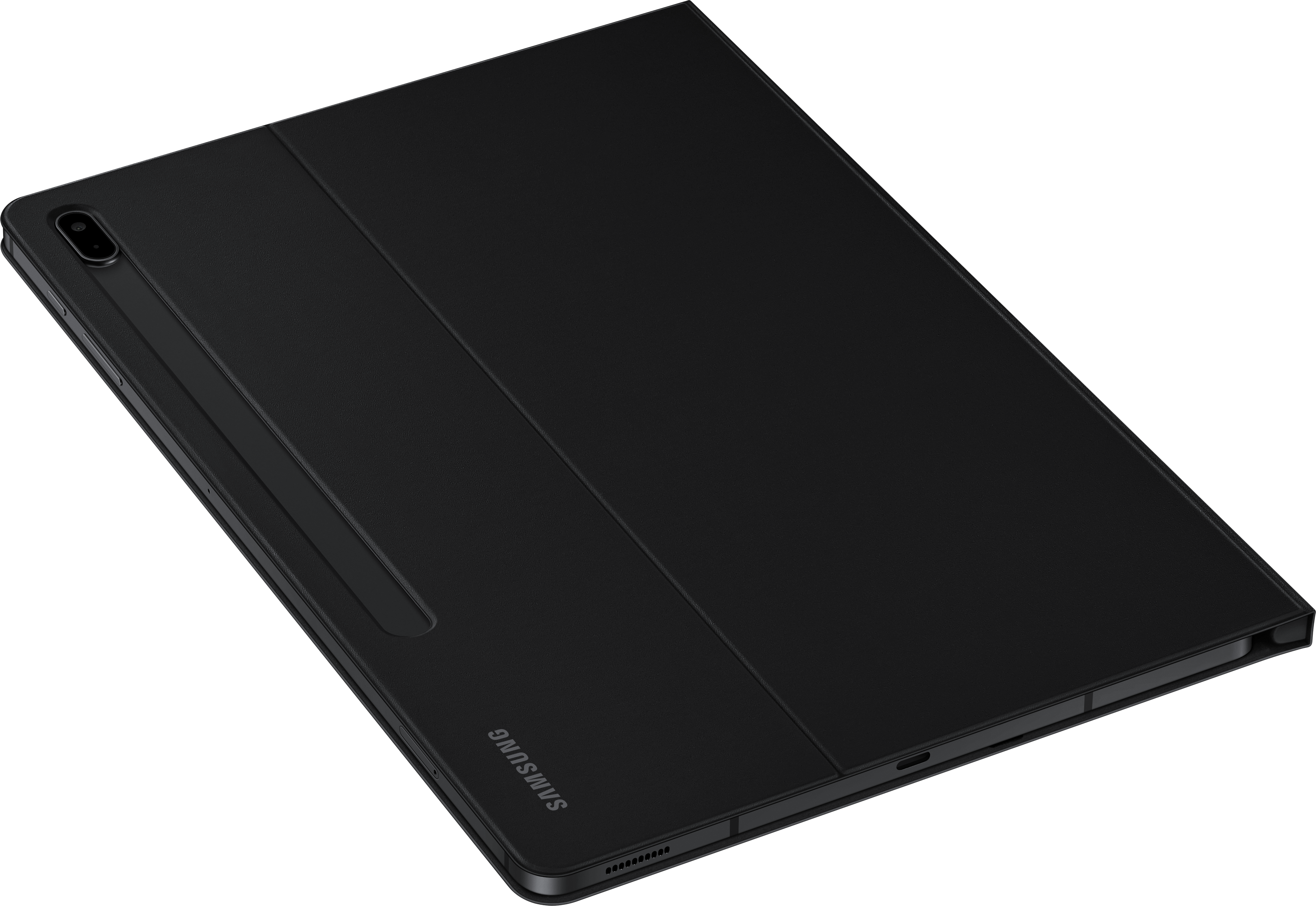Une housse de tablette noire posée à plat. La housse est fermée et porte le logo Samsung.