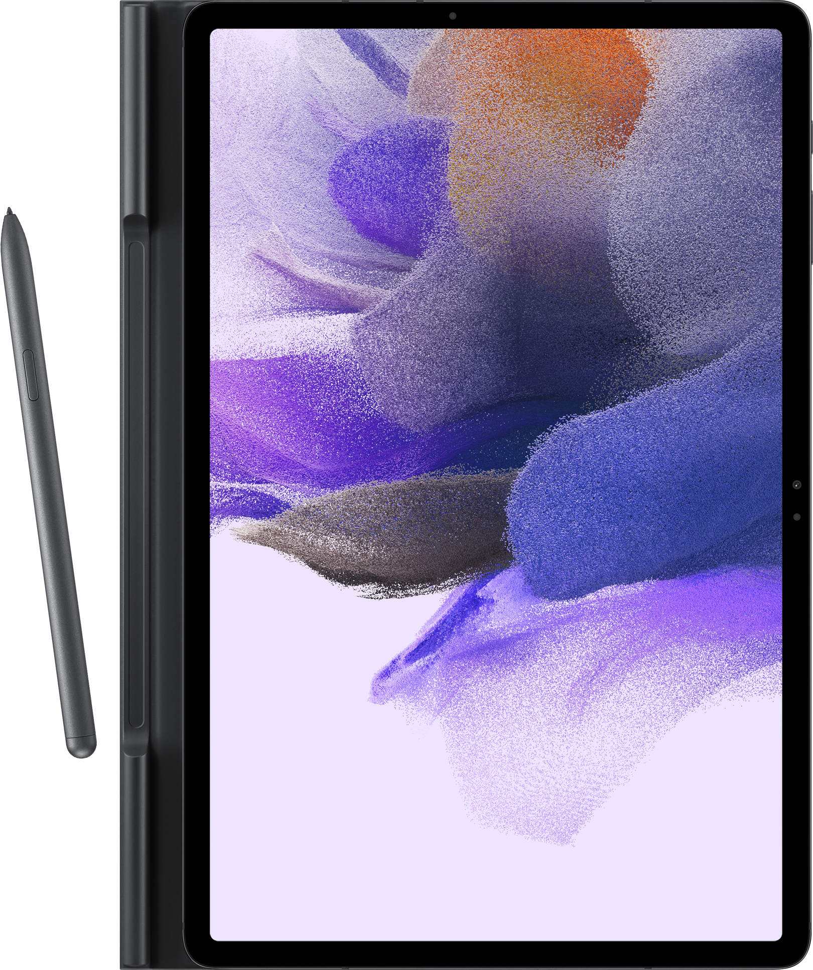 Tablette noire avec un stylet. L'écran affiche un design abstrait et coloré en violet et blanc.