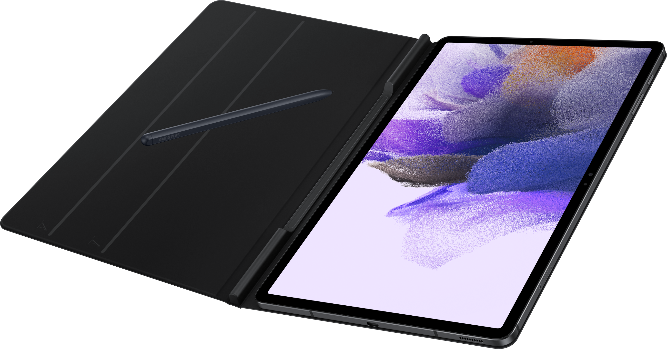 Tablette noire avec stylo à l'intérieur d'une housse, sur une surface.