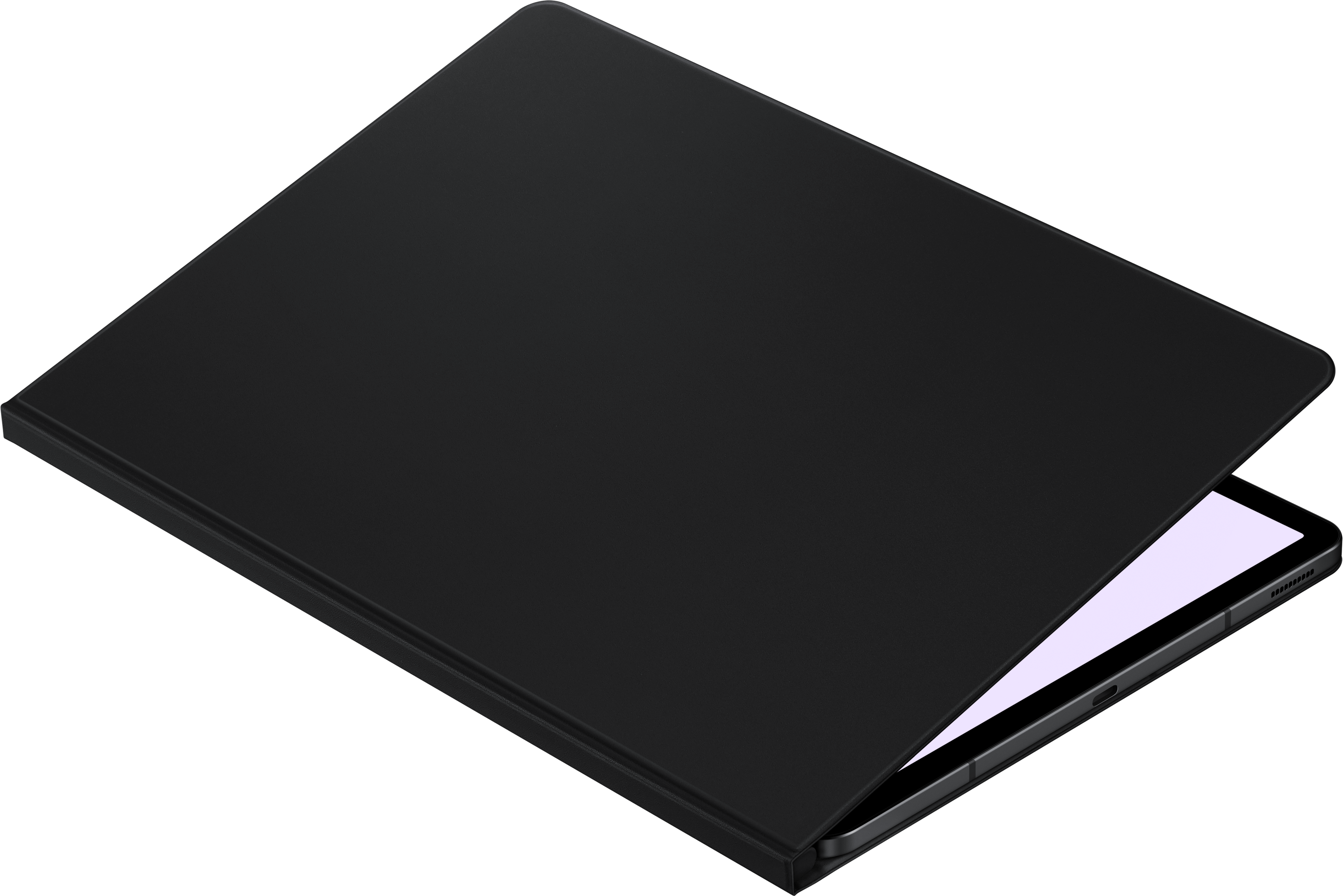 Tablette noire avec une couverture noire partiellement ouverte, sur fond noir.