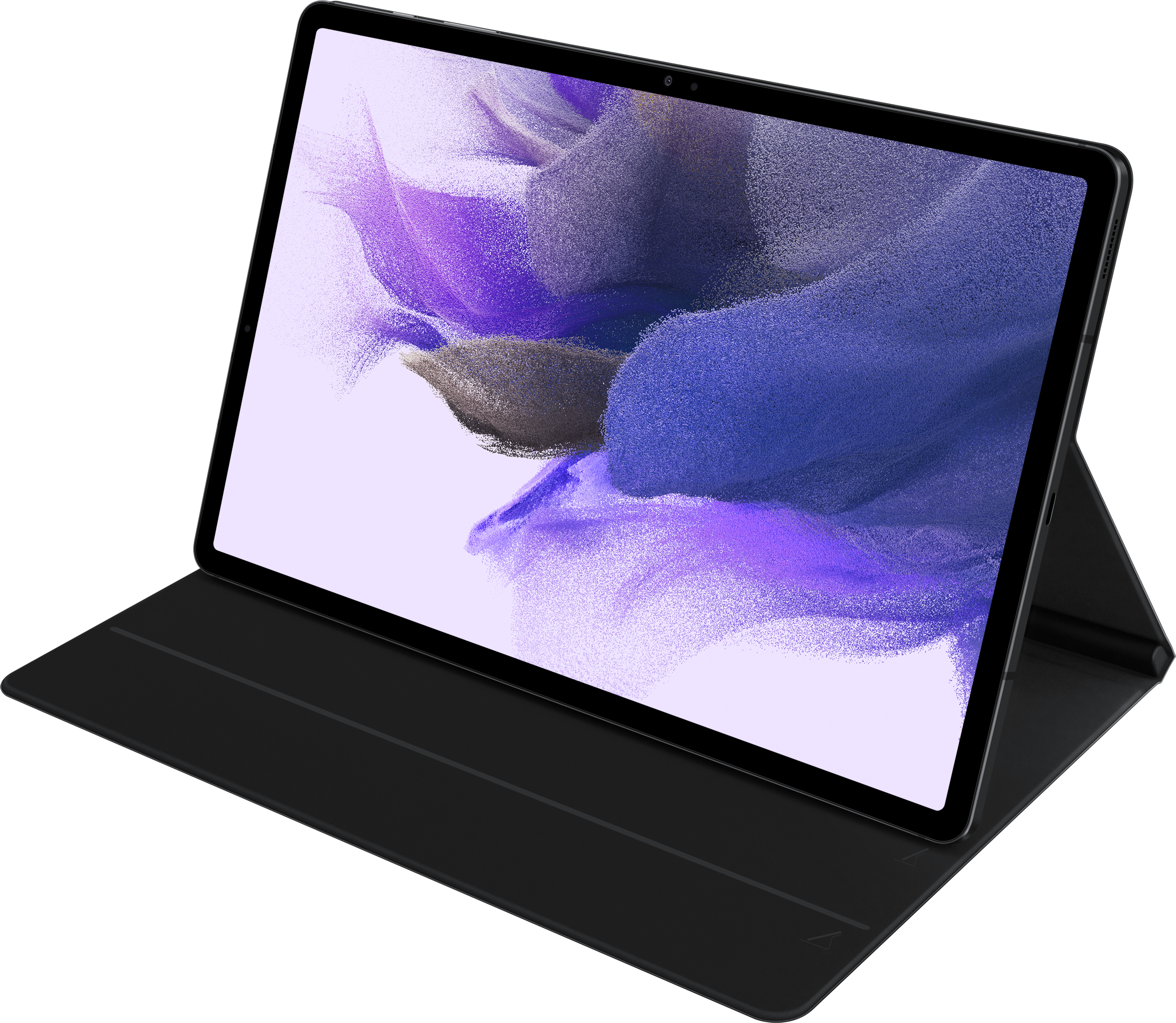 Tablette avec étui noir, écran affichant un art violet et bleu.
