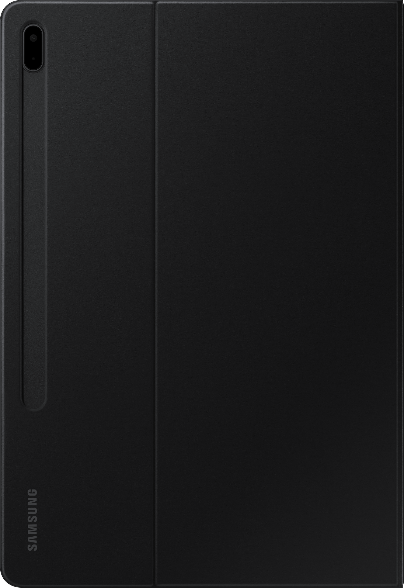 Un étui de tablette noir, fermé, avec le mot SAMSUNG en bas à gauche.