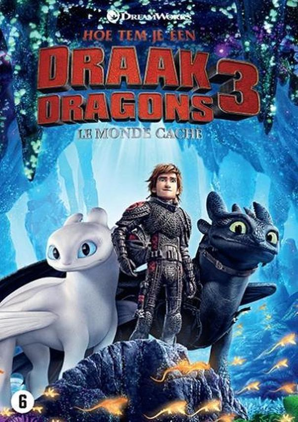 Filmposter met animatiefiguren en tekst: Draak 3 Dragons, How to Train Your Dragon.