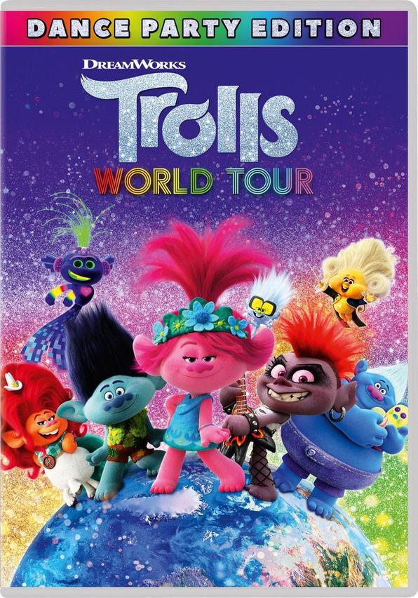 Couverture DVD de Trolls World Tour avec plusieurs trolls animés sur un globe, fond violet.