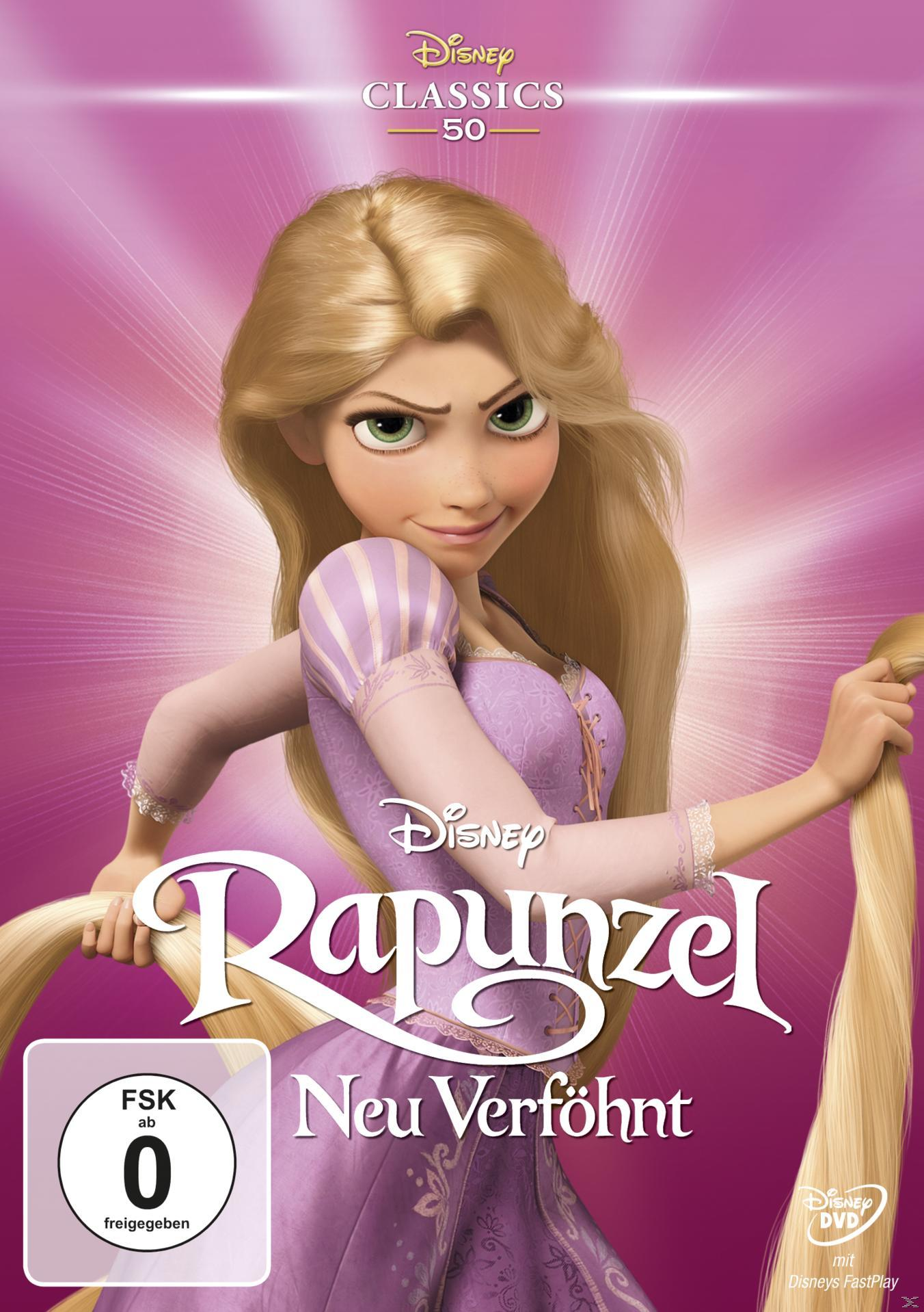 Rapunzel DVD-Cover. Animierte Rapunzel mit langem blondem Haar, in lila Kleid, lächelt.