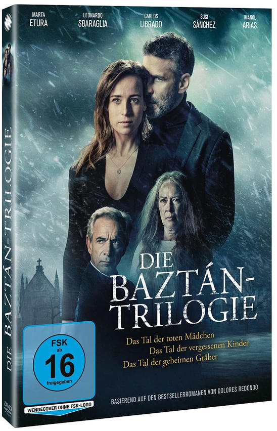 DVD-Cover von Die Baztán-Trilogie mit Schauspielern auf dem Cover. Dunkler Hintergrund.