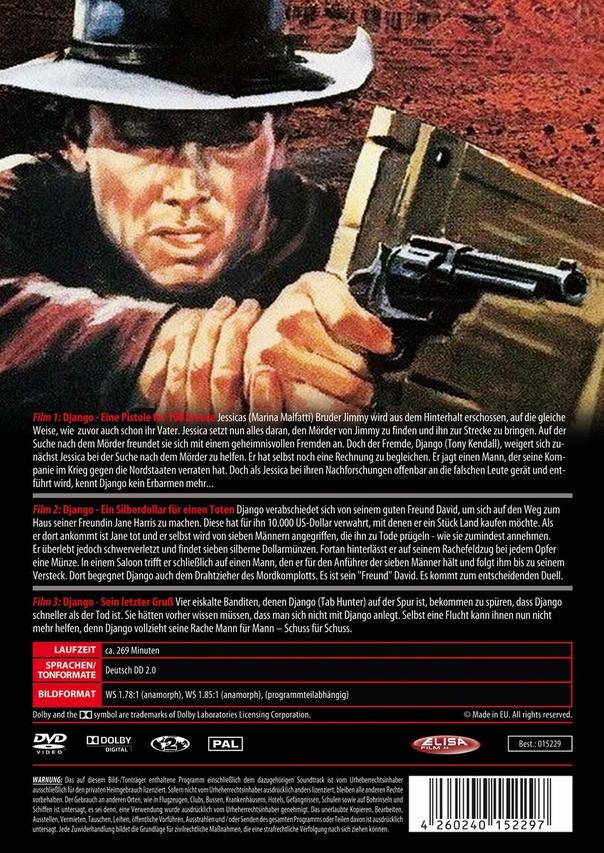 Filmcover: Mann mit einer Waffe, in einem Hut, mit Text auf Deutsch auf der Rückseite.