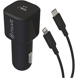 Cargador USB para coche - Muvit MCPAK0045, Lightning, USB-C, Universal, 20W, 2.4A, Negro + Cable USB-C