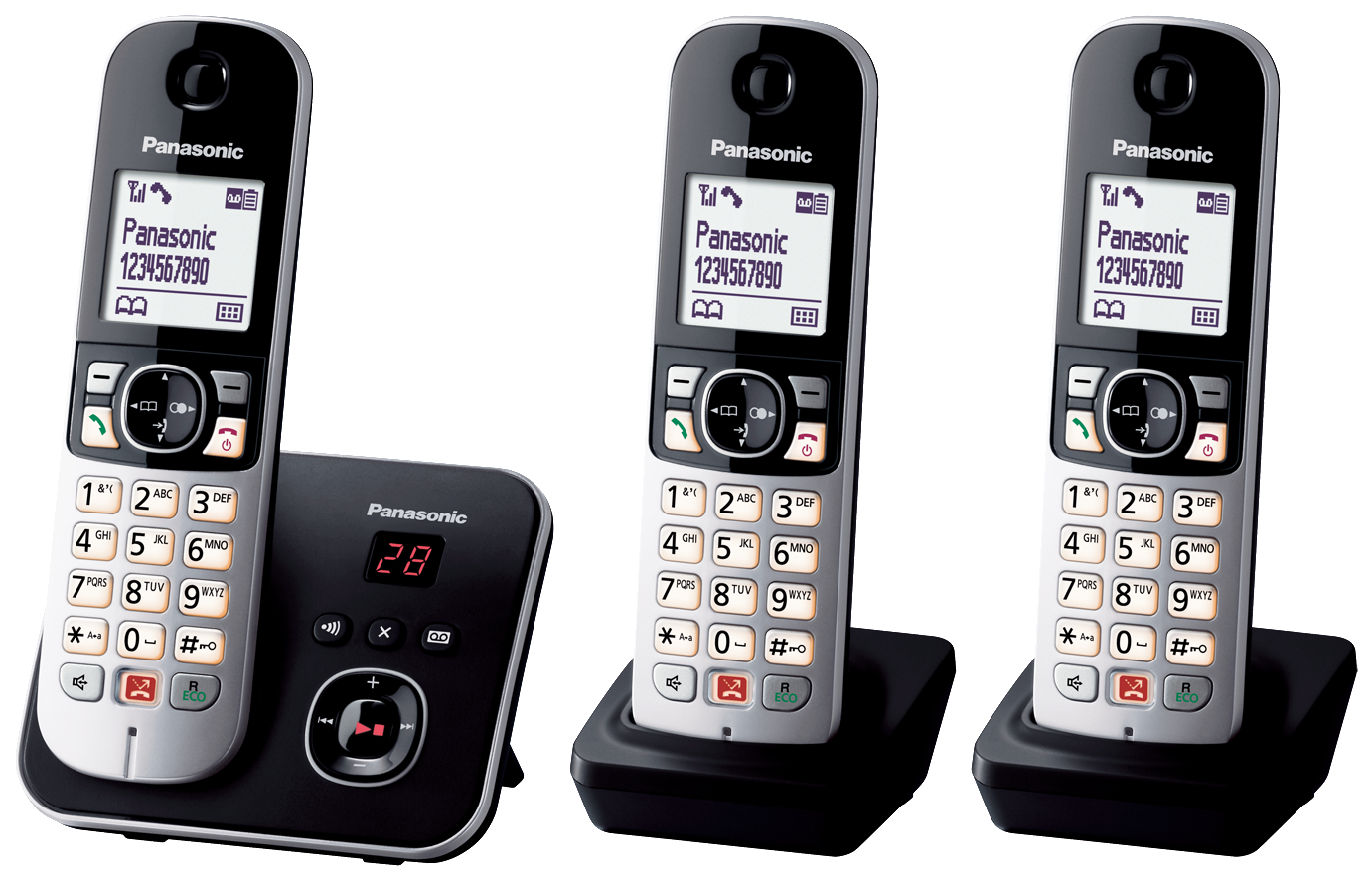 Drei schwarze schnurlose Panasonic-Telefone, die auf ihren Basen laden.