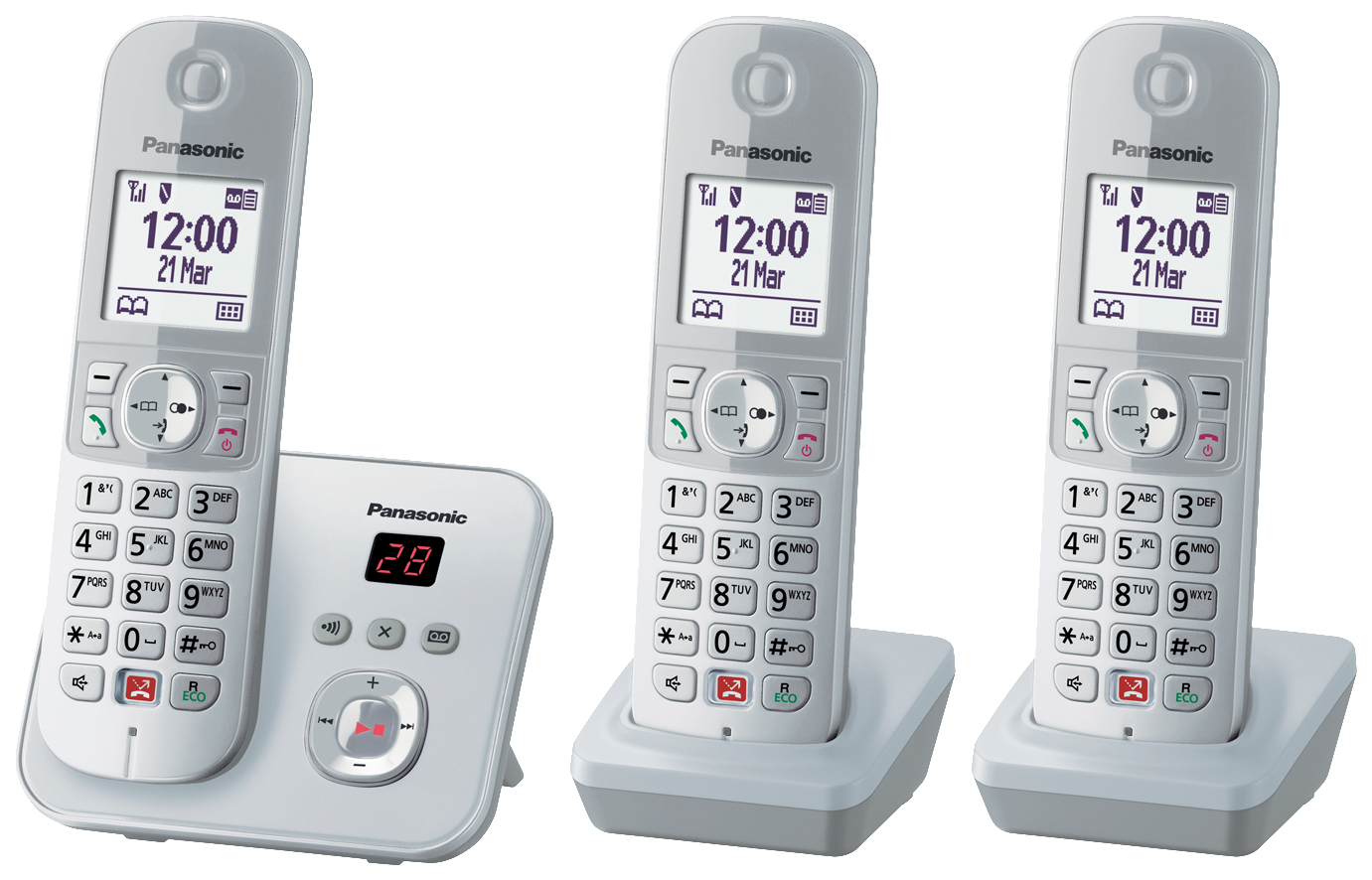 Drei schnurlose Telefone auf einer weißen Basis. Jedes hat einen Bildschirm, der die Zeit anzeigt.