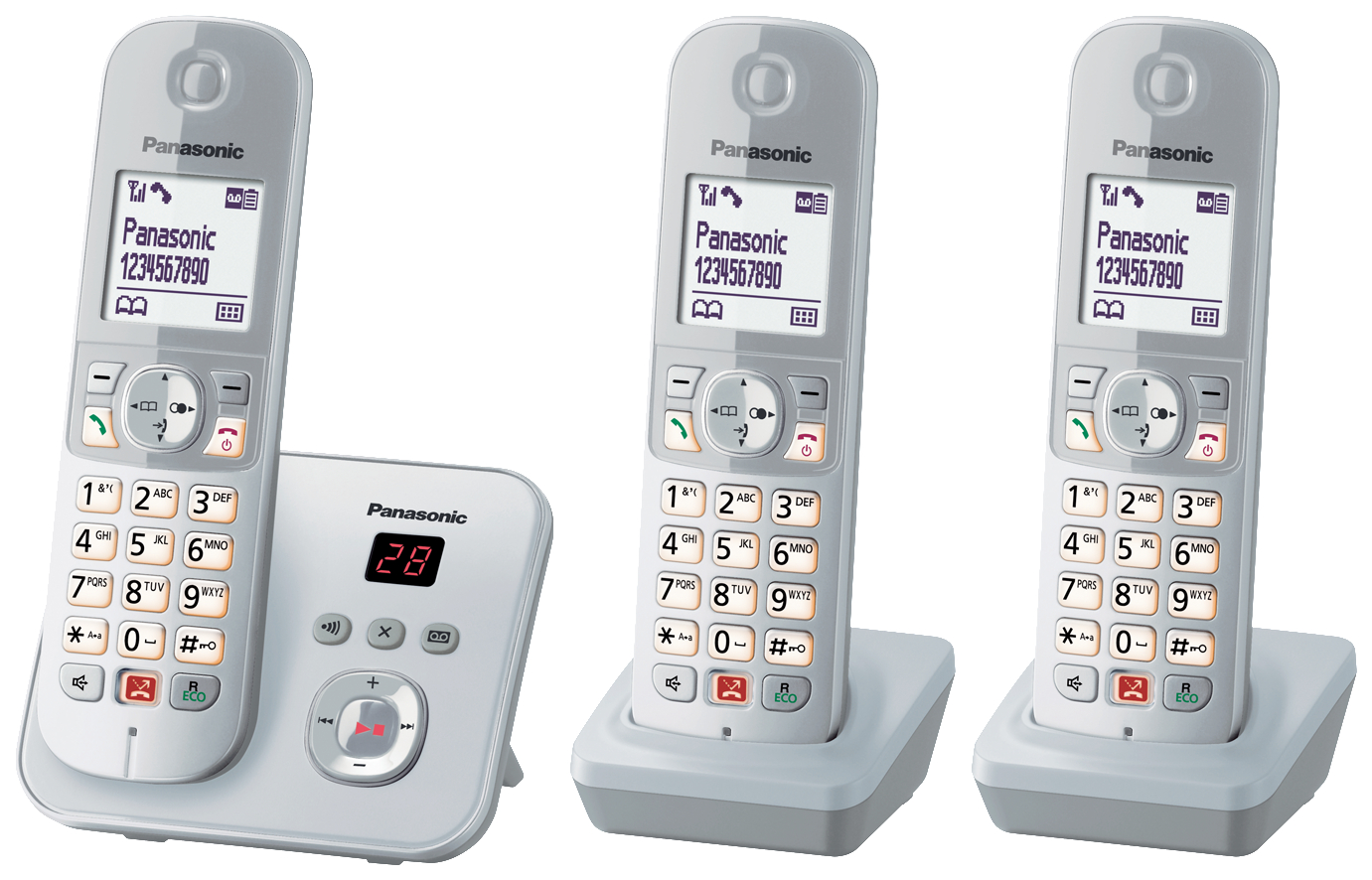 Drei schnurlose Panasonic-Telefone auf Ladestationen. Die Telefone sind weiß, mit Display.