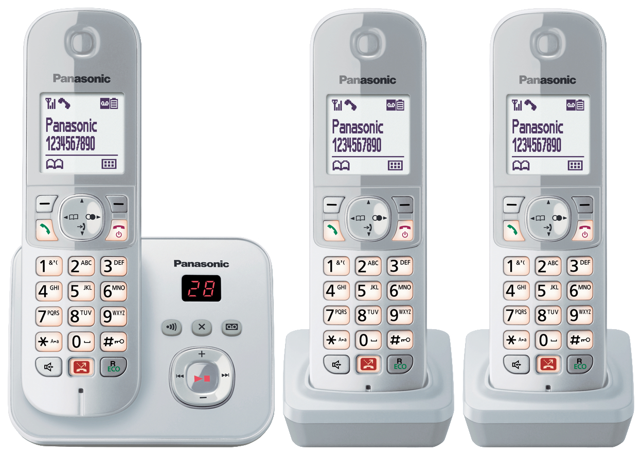 Drei schnurlose Telefone auf einer Basis, die die Displays zeigen.